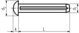 DIN1476 Round Head Grooved Pin - Product Drawing - L=length(excluding round head),k=head height, d1=pin diameter, d2=head diameter