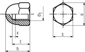 DIN1587 Hex Acorn Nut (Dome Nut) - Product Drawing - h=height,d1=ID,s=waf,e=wac