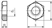 DIN431 Pipe nuts-product drawing-d1=ID,s=waf,e=wac,m=thickness