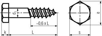DIN571 Hex Head wood screw - product drawing - L=length(excl. head), d1=dia., k=head height, s= width A/F, e= width A/C