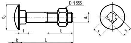 DIN603 Carriage Bolt/Mushroom Head Square Neck Bolt - product drawing - L=length(excl. head), b=thread length, f=neck length, k=head height, d1=thread dia.