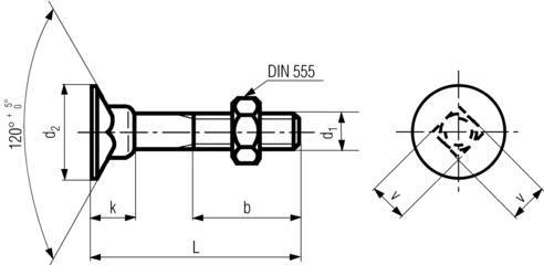 DIN605 Flat countersunk square neck bolts (long square) - product drawing - b=thread length, l=length(including head), k=head height (incl. neck), d2=head dia.,
