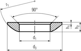 DIN6319C Spherical Washers for Conical Seats - Product Drawing - d1=ID, d3=OD, h2=total height, h1= collar height