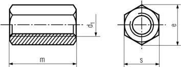 DIN6334 Hex Coupling Nut - Product Drawing - d1=internal dia.,m=thickness,s=waf,e=wac