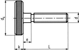 DIN653 Knurled Thin Thumb Screws - product drawing - L=body length, d=dia.,dk=head dia.,k=head height.