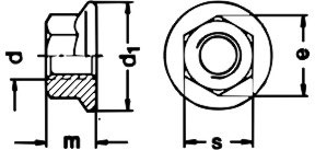 DIN6923 Hex Flange Nut - Product Drawing - d=ID,d1=flange dia.,m=thickness,s=waf,e=wac