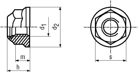 DIN6926 Nylon Insert Hex Flange Nut - Product Drawing - d1=ID,d2=flange dia.,h=thickness,s=waf,e=wac