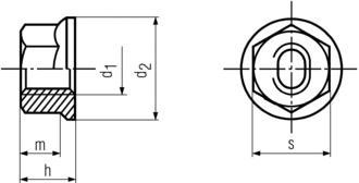 DIN6927 Hex Flange Nut - Product drawing - d1=ID, d2=OD, h=total height, m=hex height