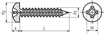 DIN7981 Pan Head Philips Tapping Screw - Product Drawing - L=lenght (not including head), d1=diameter, d2=head diameter