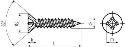 DIN 7982 Flat Head Self-Tapping Screw - Product Drawing - L=length (including head), d1=diamter,d2=head diameter