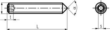 DIN914-45H Socket Set Screw Cone Point - L=length (end to end),s=socket dia.,a=point angle,t=socket depth - L=length (end to end),s=socket dia.,a=point angle,t=socket depth
