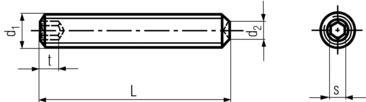 DIN 916-45H Socket Set Screw Cup Point - product drawing - L=length,d1=dia.,d2=point dia.,s=socket dia.,t=socket depth