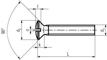 DIN964 Slotted Oval Head Machine Screw - Product drawing - L=length,d1=dia.,k=head height, t=slot depth,n=slot width