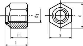 DIN982 Nylon Insert Lock Nut (Tall) - Product Drawing - d1=ID, h=overall height, m=thread depth, s=waf,e=wac
