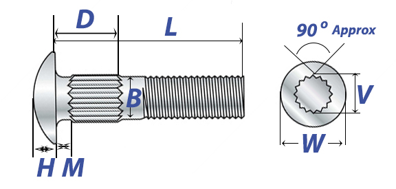 Carriage Bolt Round Head, Ribbed Neck Carriage Bolt Round Head, Ribbed Neck Drawing